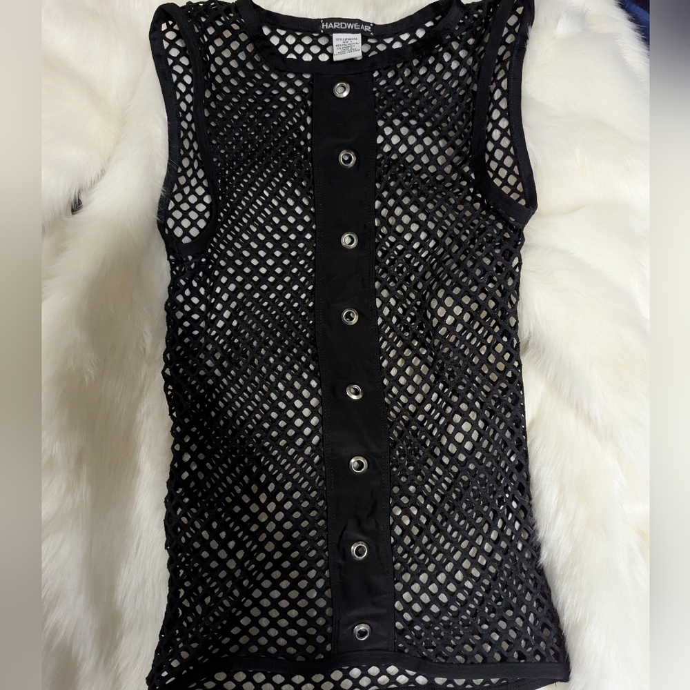 Stylish Black Mesh Tank Top with Button Details Goth Club Pride